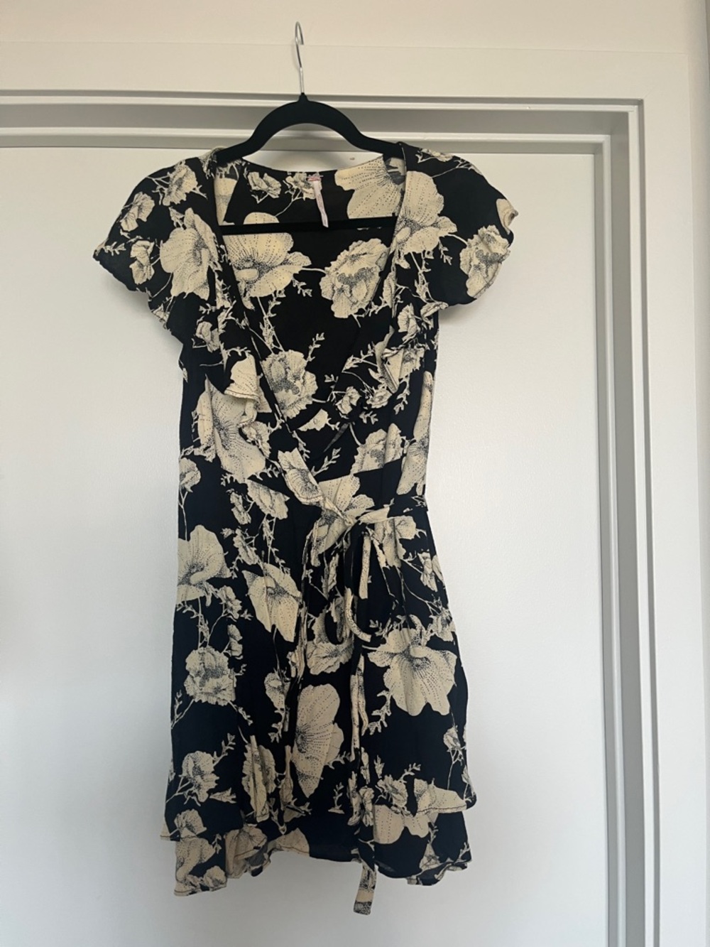 Free People Black and Cream Floral Wrap Mini Dress